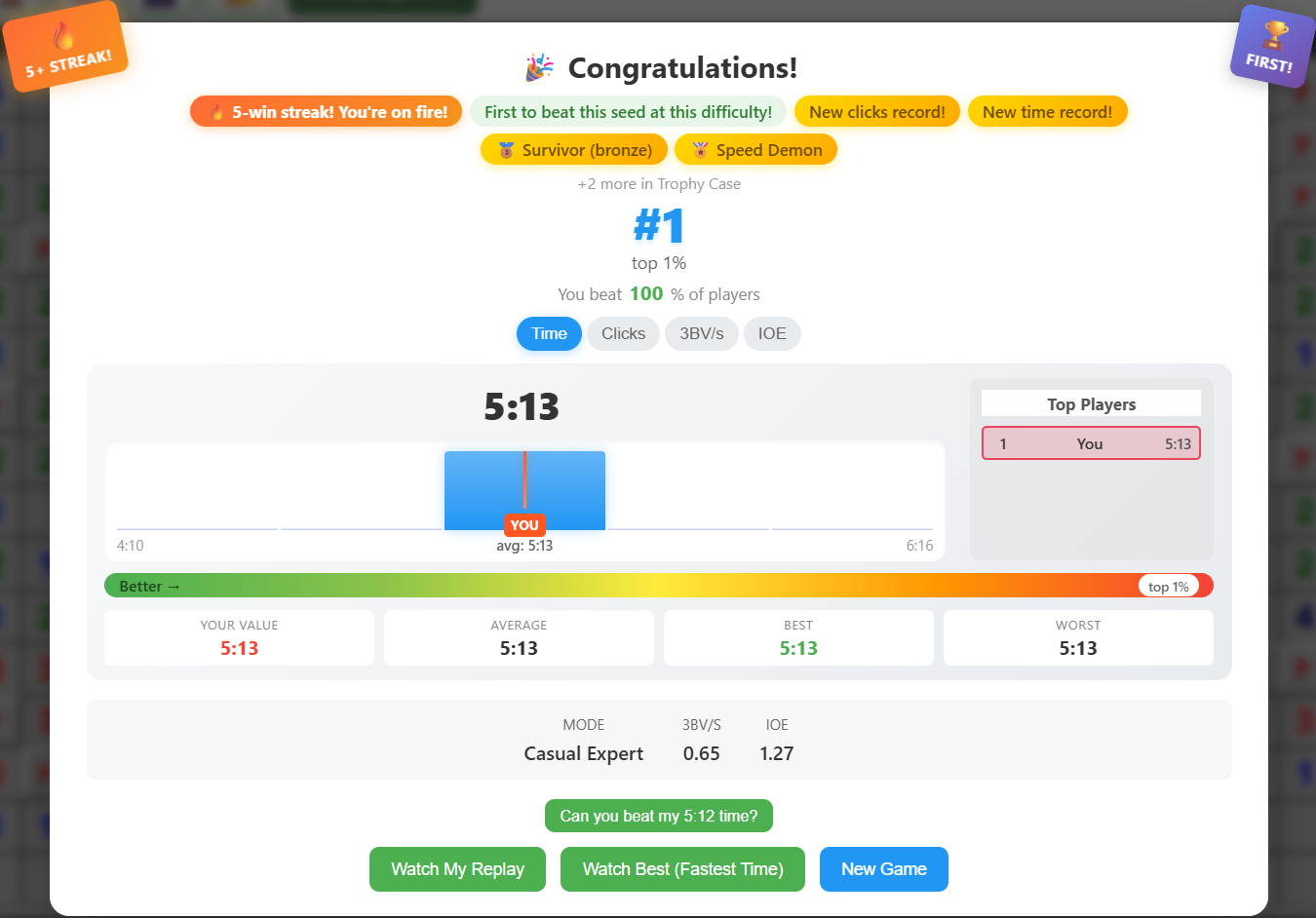 Win dialog with stats and badges